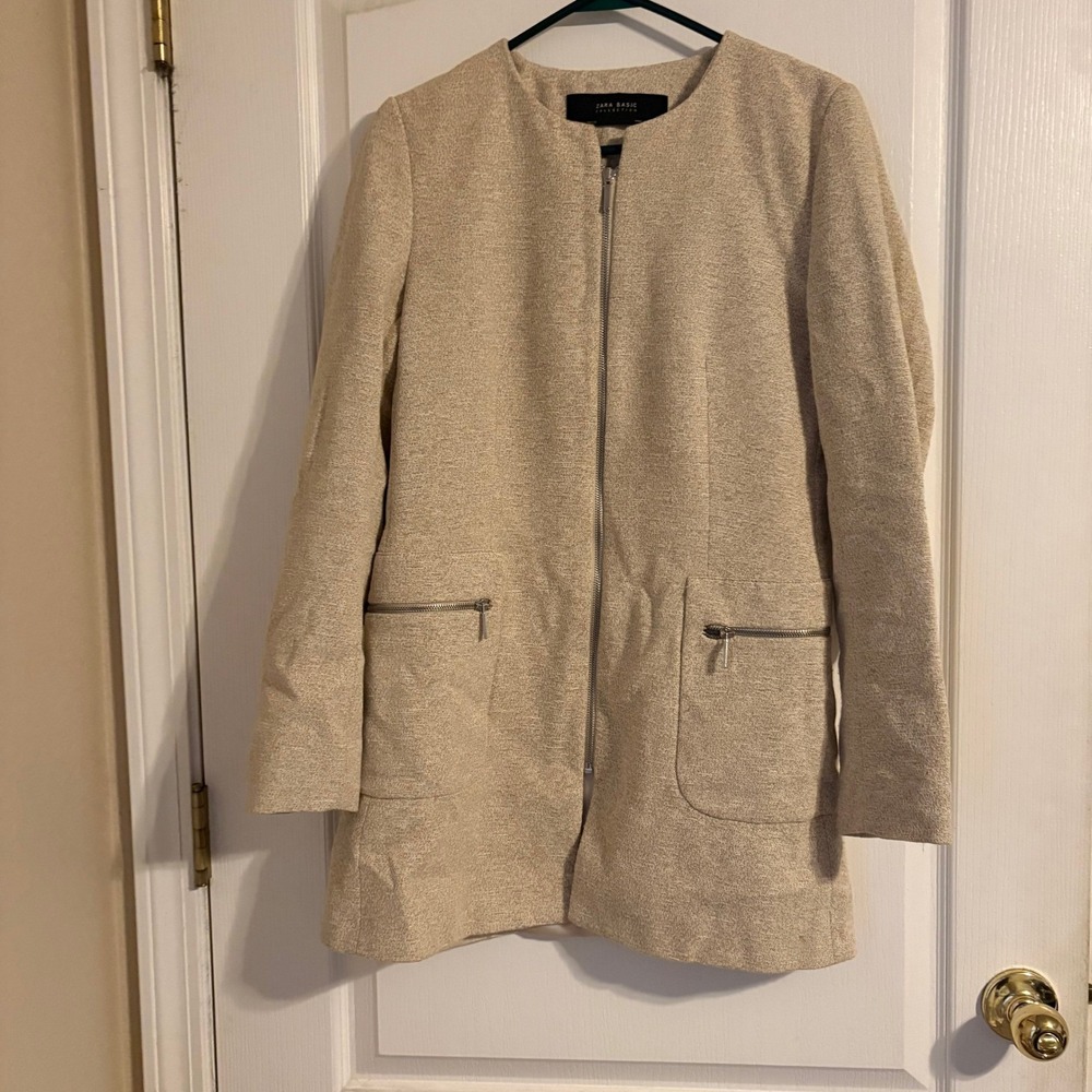 Zara Basic Collection Beige Front Zip Flecked Frock Coat Lady Jacket Large
